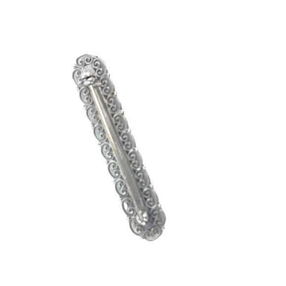 Vintage Sterling Silver Bar Pin With Blue Rhinestones & Filigree Design 1.5 Inch - Picture 5 of 6